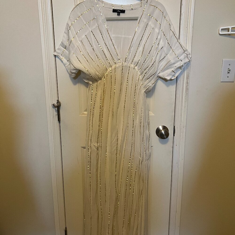 Goddess Vibes Ivory Gold Striped Dolman Sleeve Maxi Dress Size L white & gold
